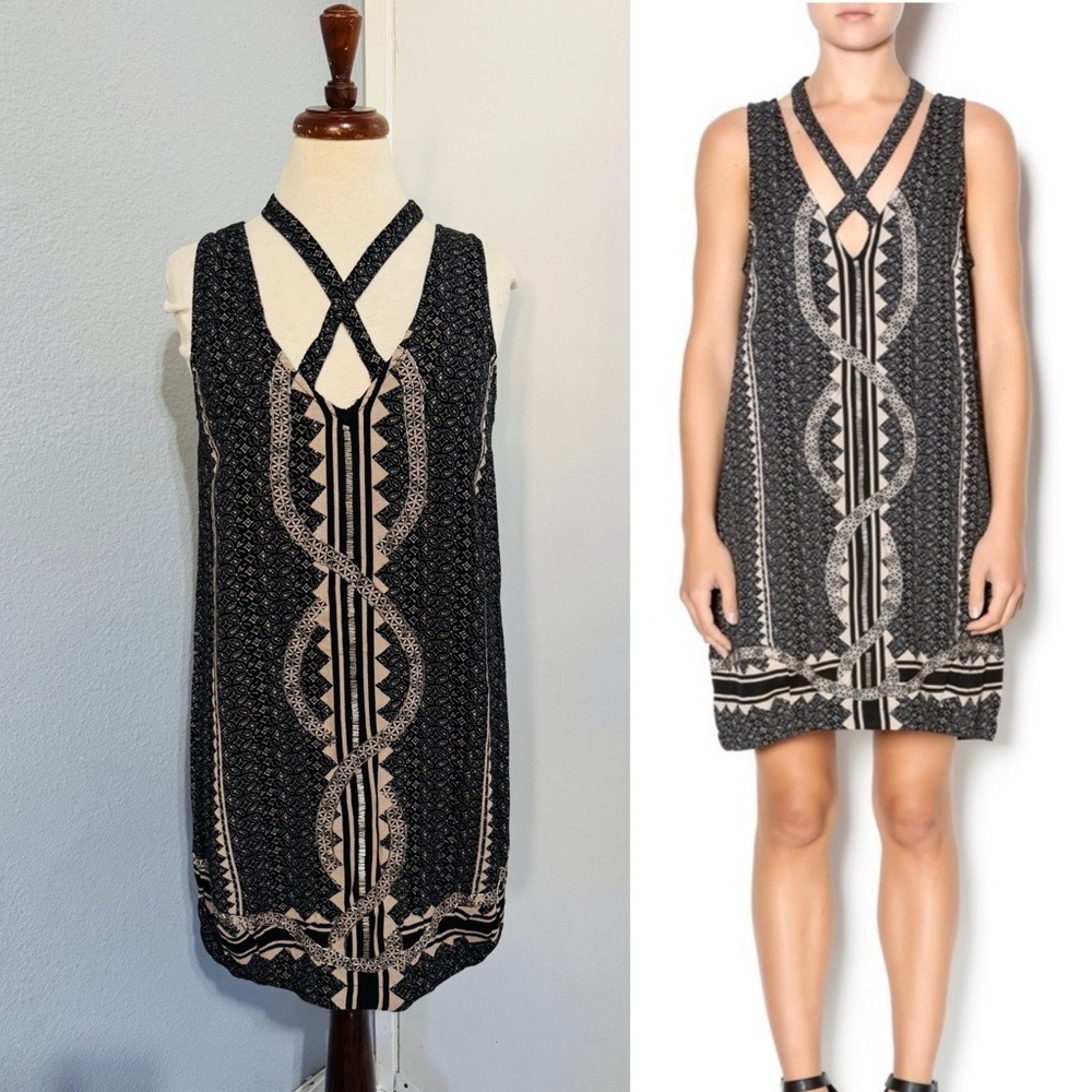 Free People Mini Dress S Black Tan Geometric Beaded CrissCross Neck Shift Tribal